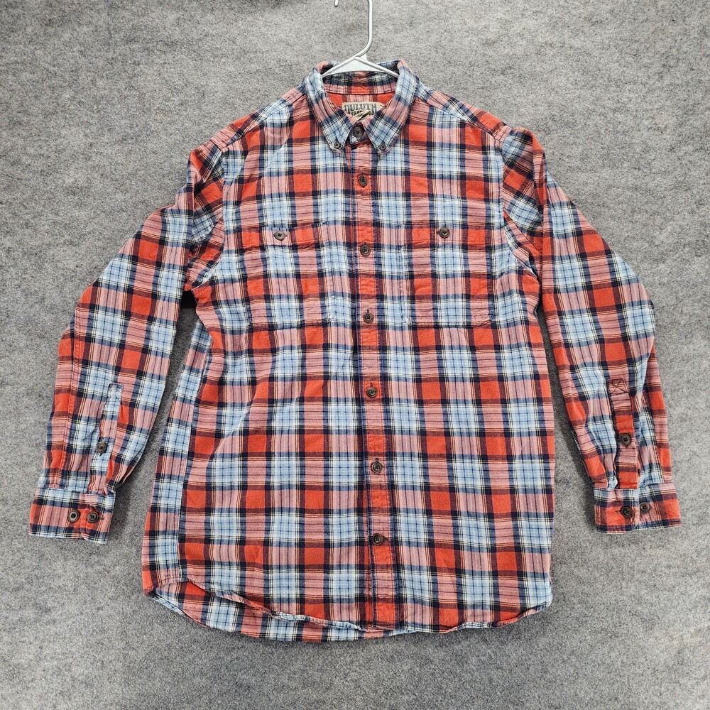 Duluth Trading Shirt Mens Large Button Down Orange Plaid Long Sleeve Trim Fit